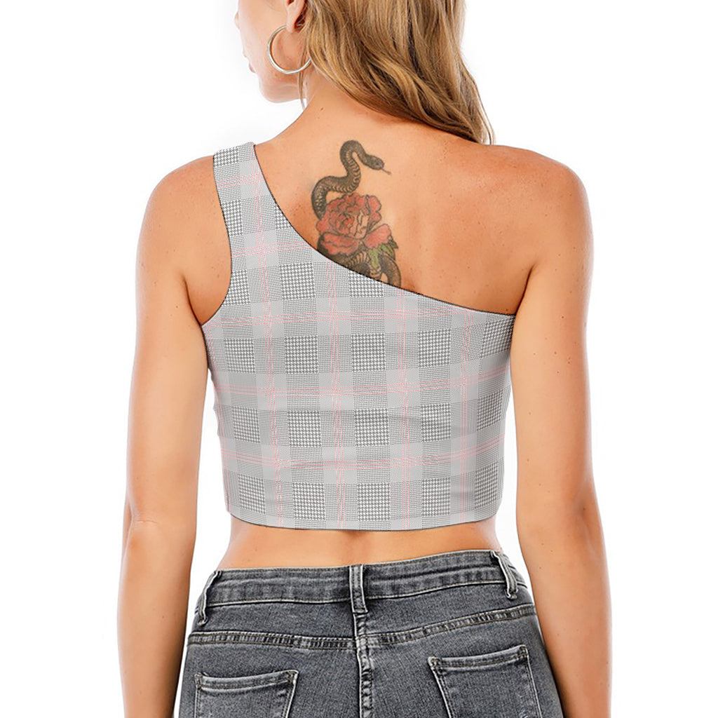 Grey Prince of Wales Check Print One Shoulder Crop Top
