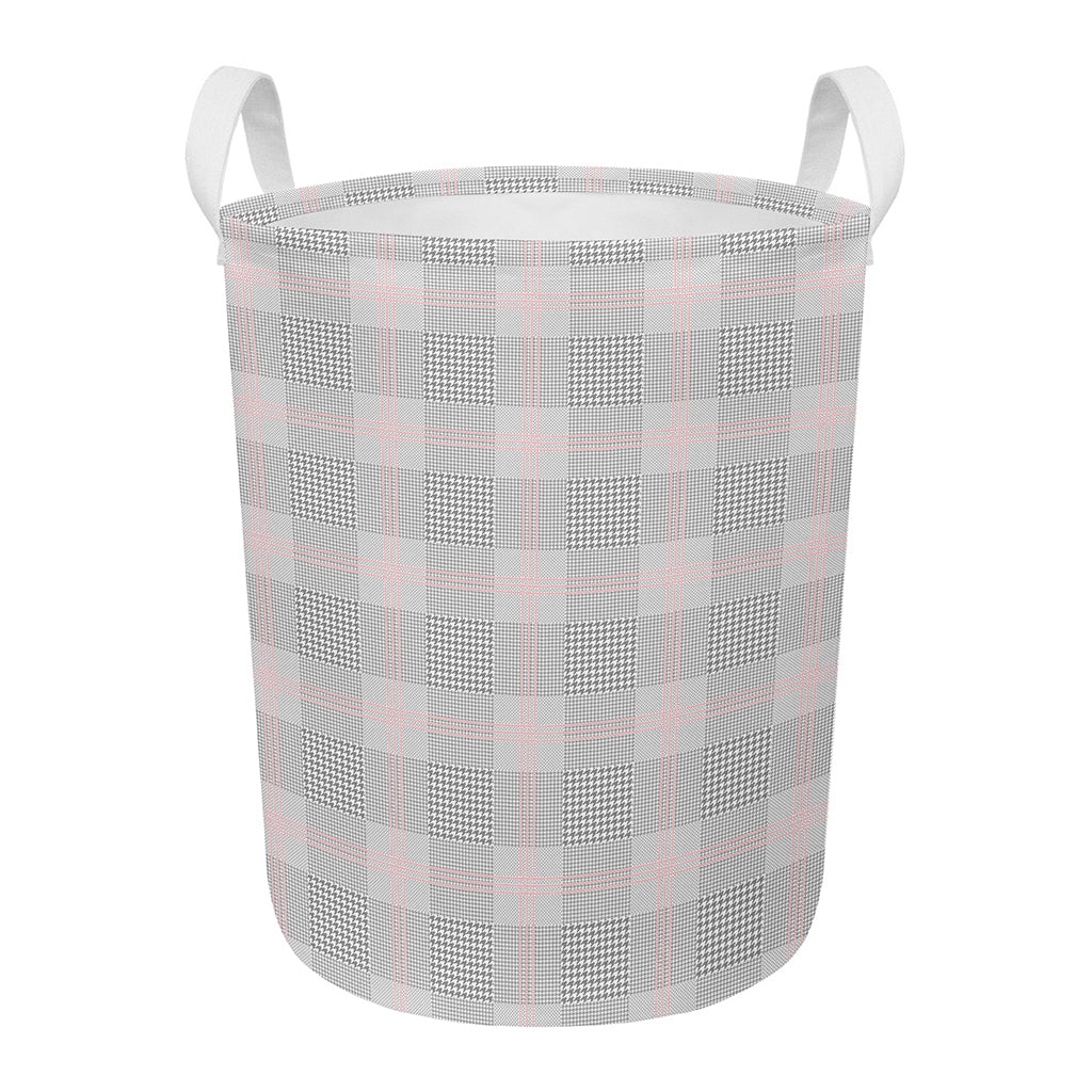 Grey Prince of Wales Check Print Round Laundry Basket