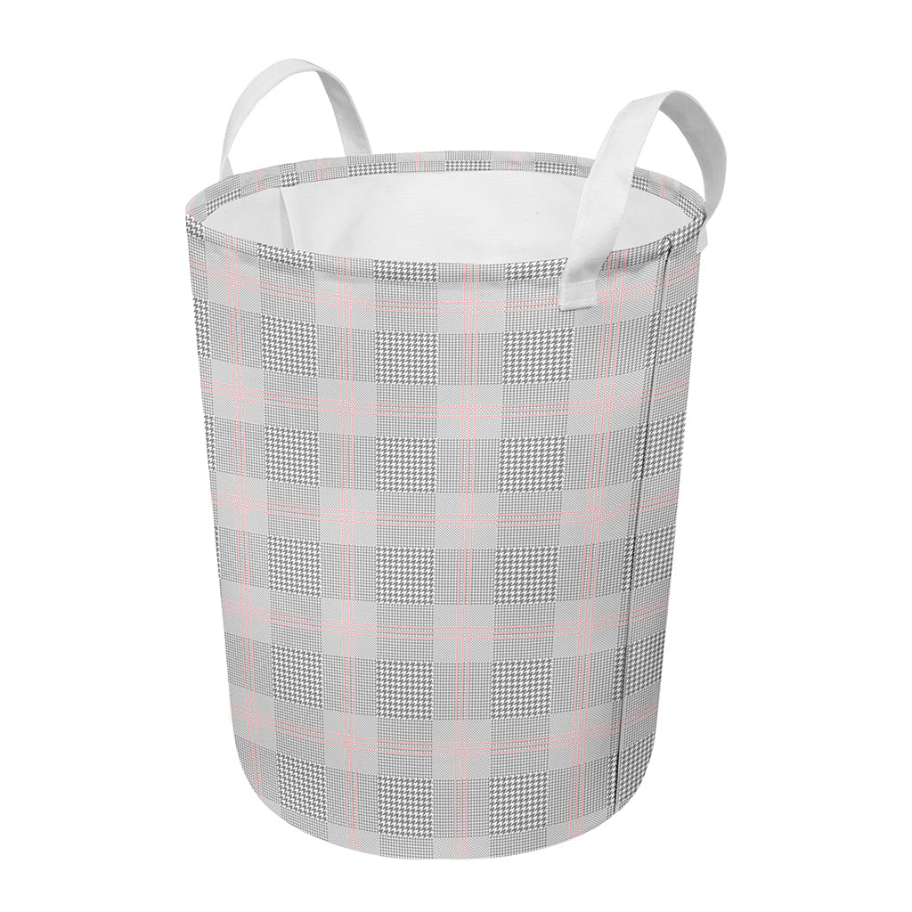 Grey Prince of Wales Check Print Round Laundry Basket