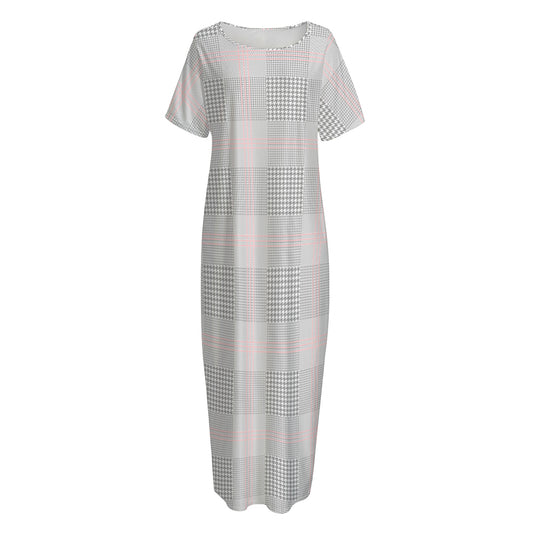 Grey Prince of Wales Check Print Short Sleeve Long Nightdress