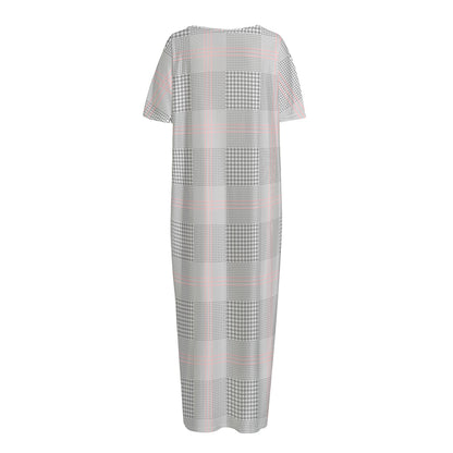 Grey Prince of Wales Check Print Short Sleeve Long Nightdress