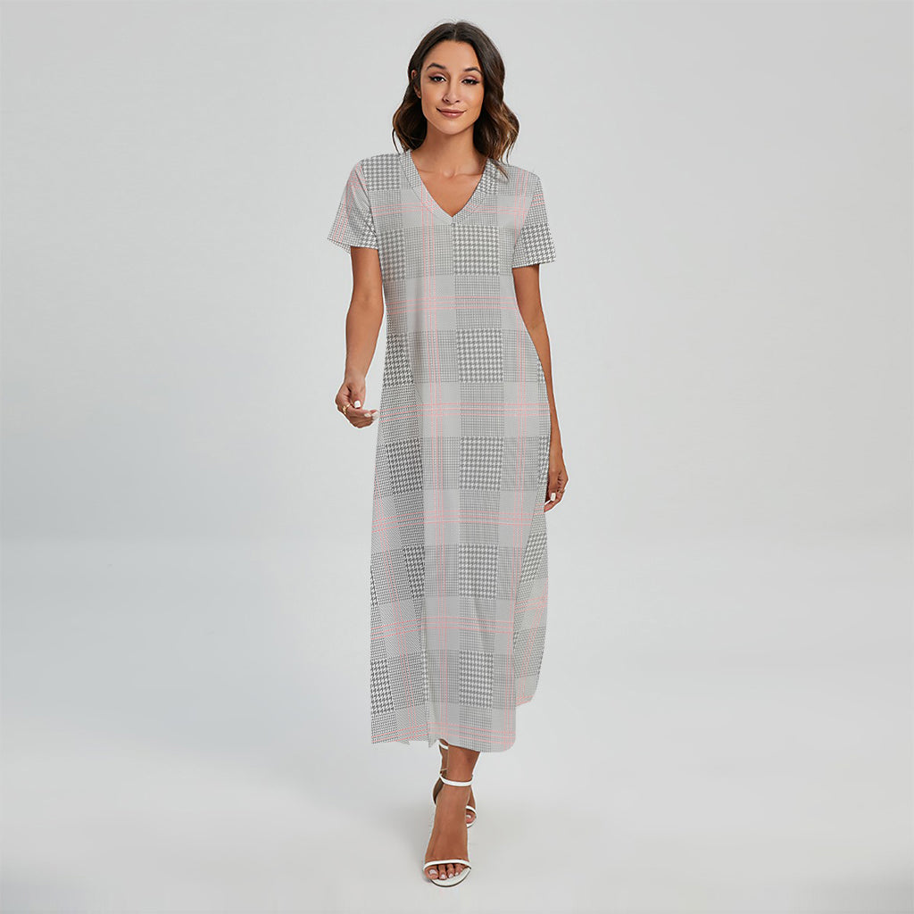 Grey Prince of Wales Check Print Short Sleeve Maxi Dress