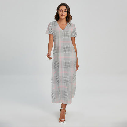 Grey Prince of Wales Check Print Short Sleeve Maxi Dress