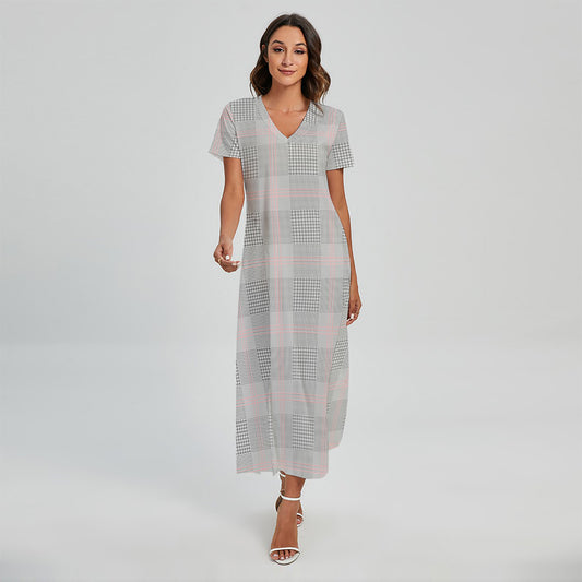 Grey Prince of Wales Check Print Short Sleeve Maxi Dress