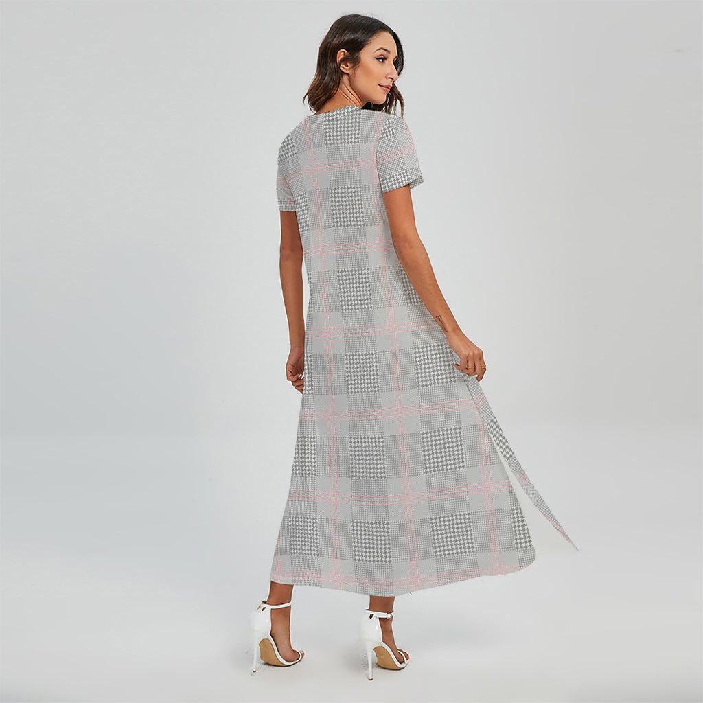 Grey Prince of Wales Check Print Short Sleeve Maxi Dress