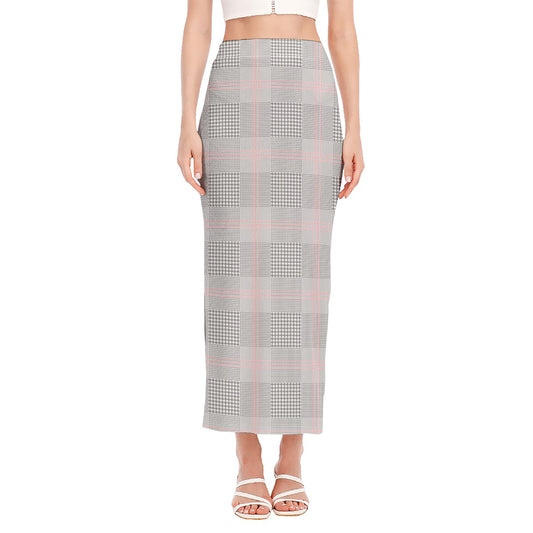 Grey Prince of Wales Check Print Side Slit Maxi Skirt