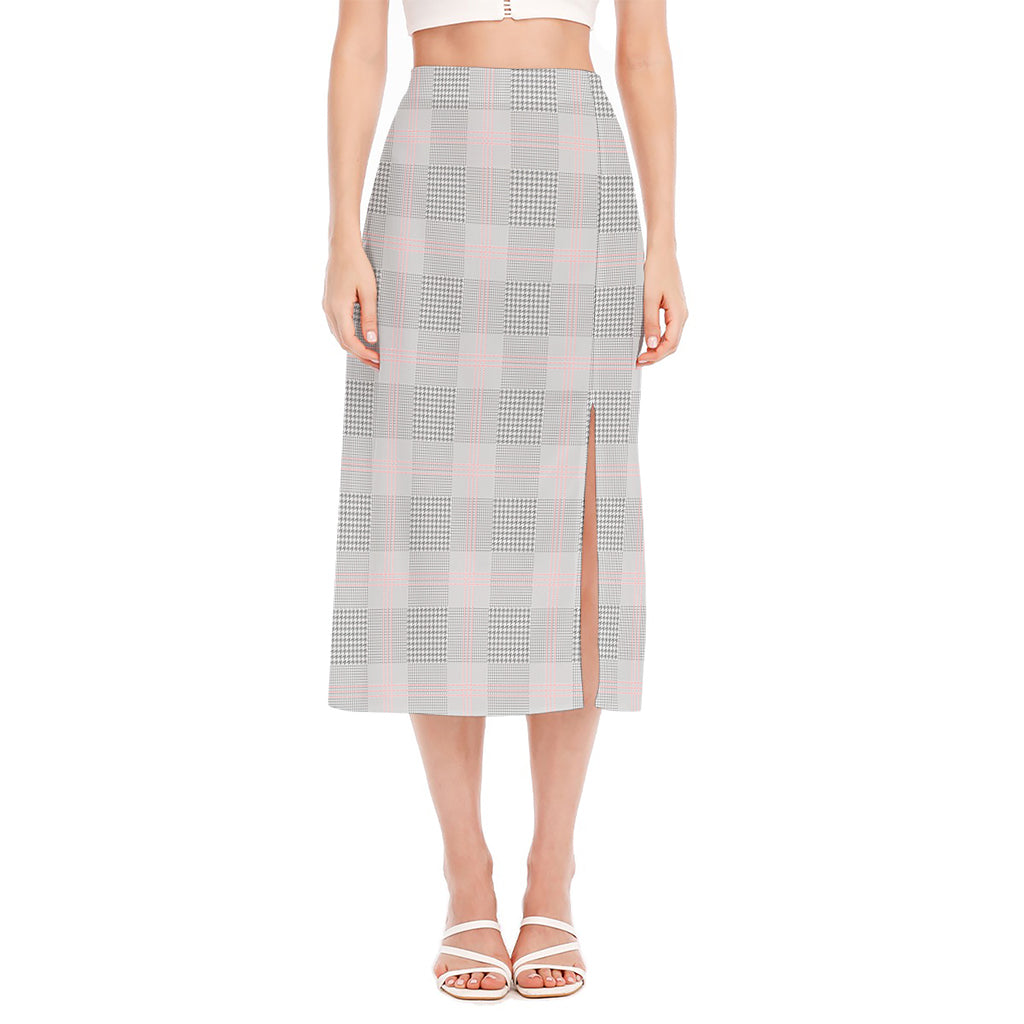 Grey Prince of Wales Check Print Side Slit Midi Skirt