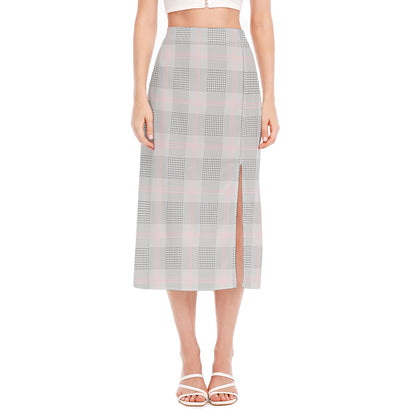 Grey Prince of Wales Check Print Side Slit Midi Skirt