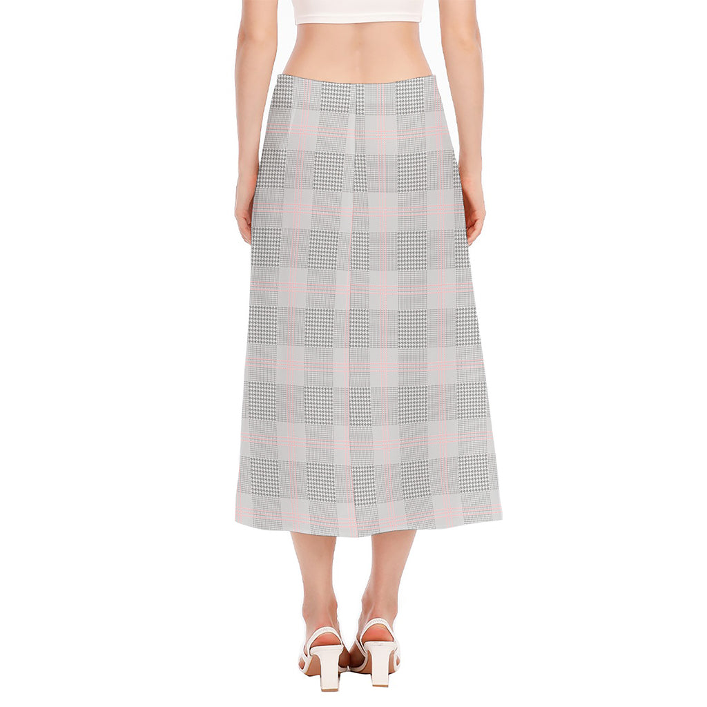 Grey Prince of Wales Check Print Side Slit Midi Skirt