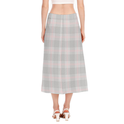Grey Prince of Wales Check Print Side Slit Midi Skirt