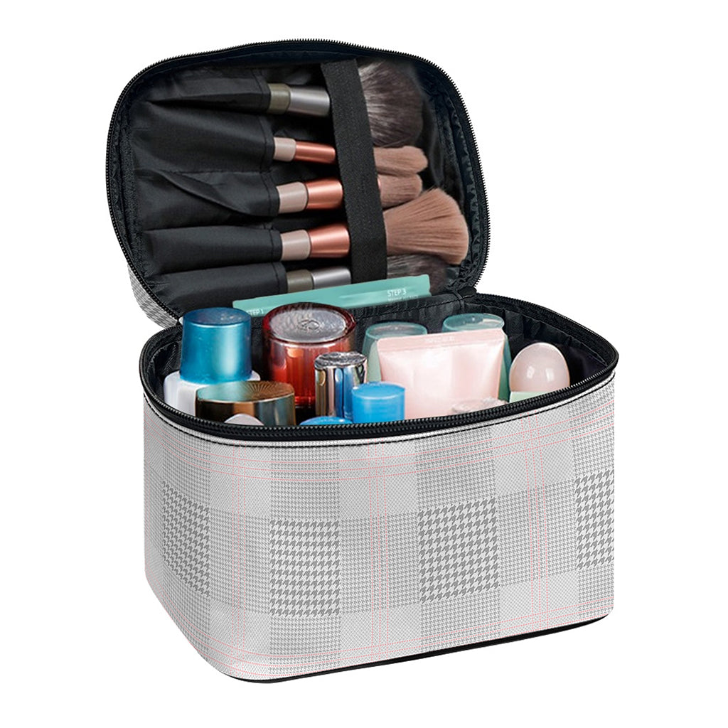 Grey Prince of Wales Check Print Travel Makeup Bag