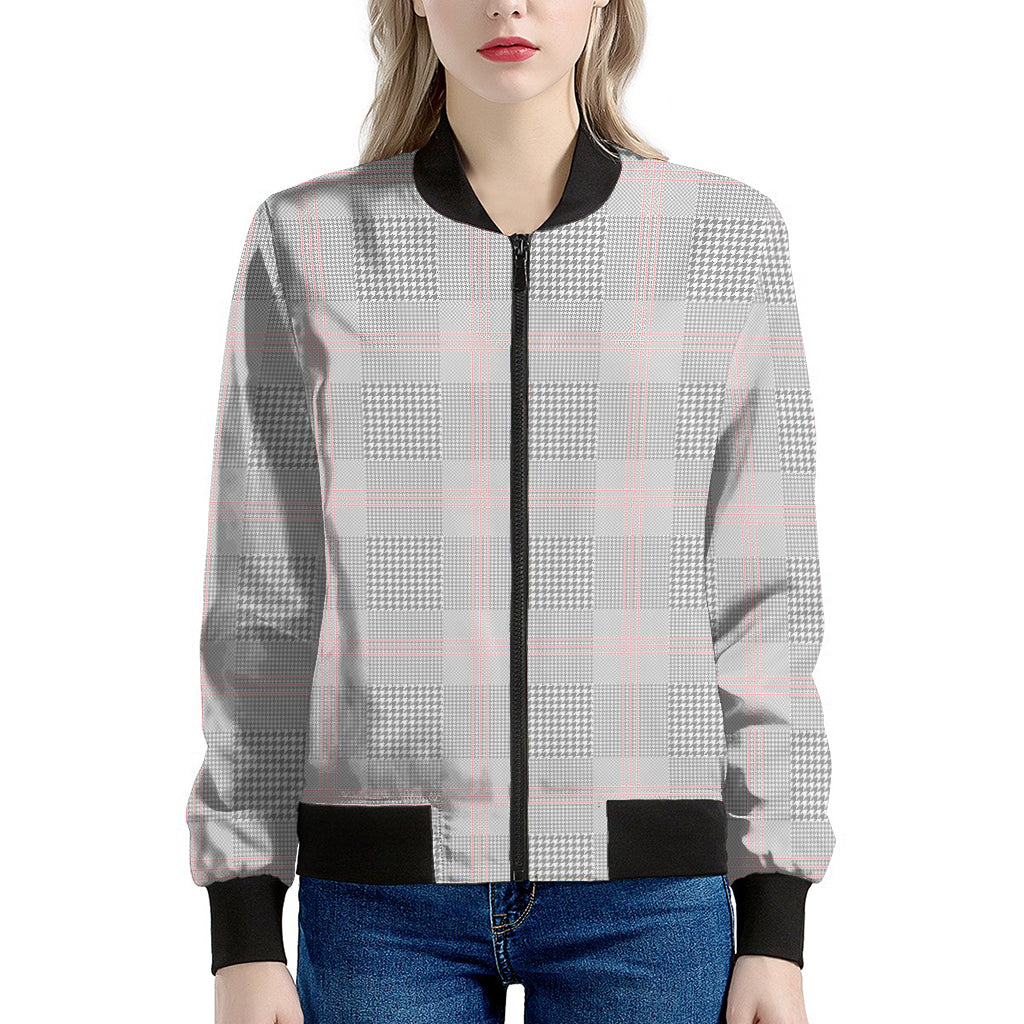 Grey Prince of Wales Check Print Women's Bomber Jacket