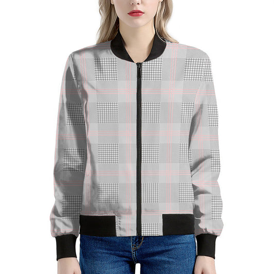Grey Prince of Wales Check Print Women's Bomber Jacket