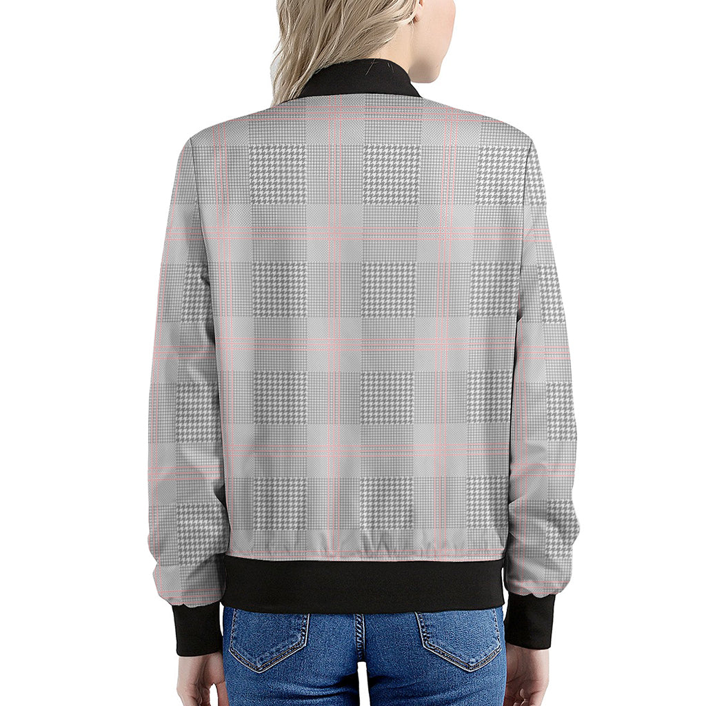 Grey Prince of Wales Check Print Women's Bomber Jacket