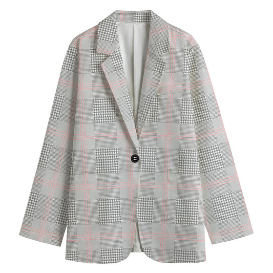 Grey Prince of Wales Check Print Women's Cotton Blazer