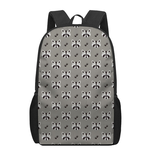 Grey Raccoon Pattern Print 17 Inch Backpack