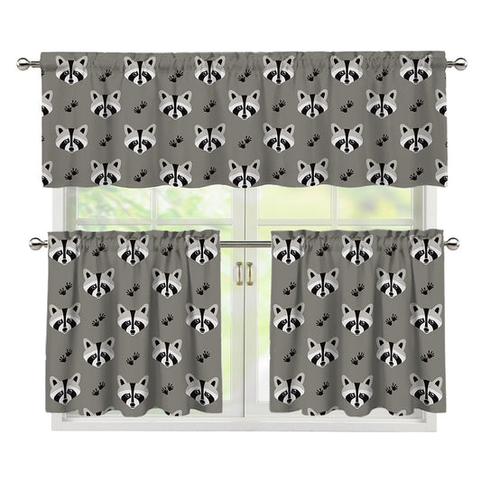 Grey Raccoon Pattern Print 3 Piece Kitchen Curtains