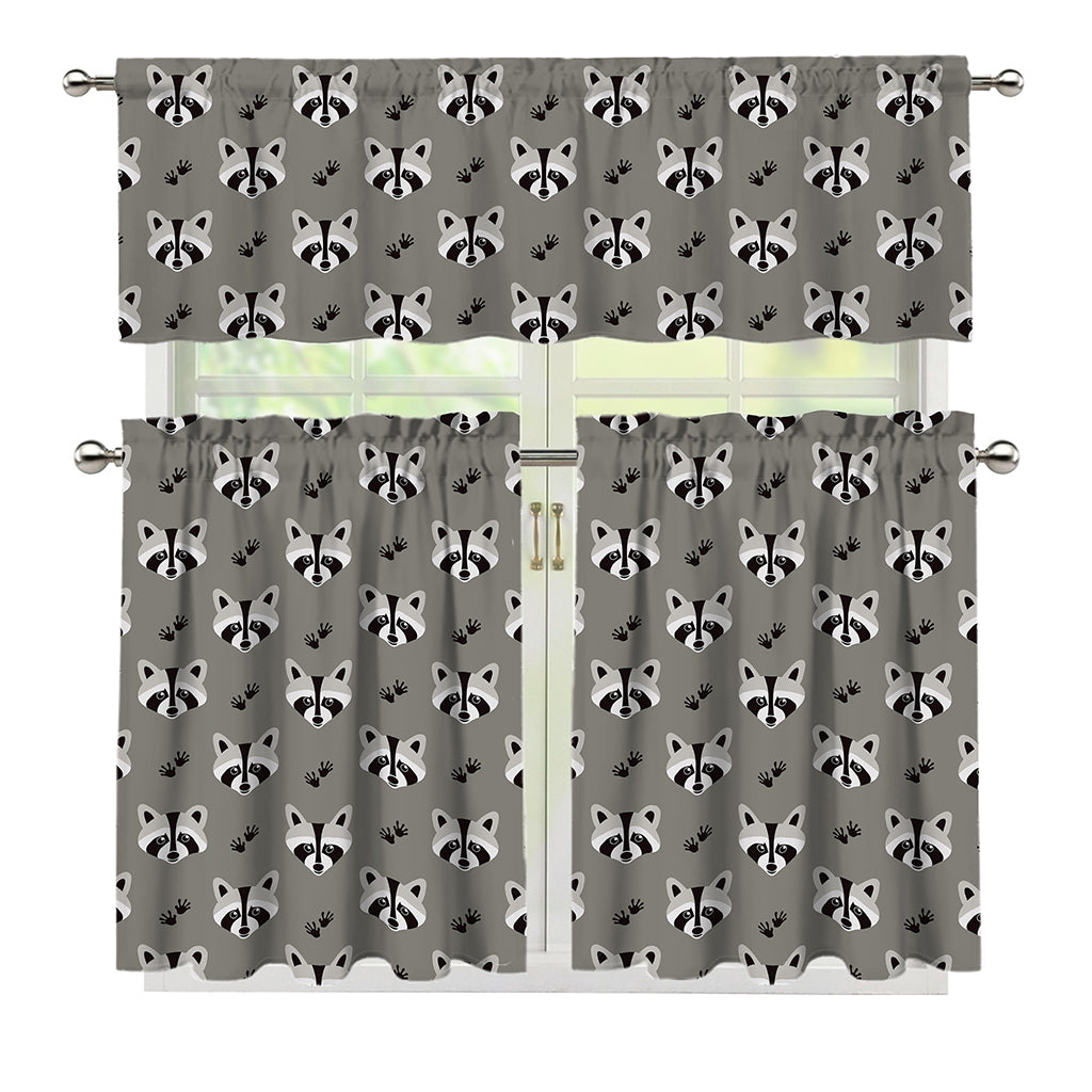 Grey Raccoon Pattern Print 3 Piece Kitchen Curtains