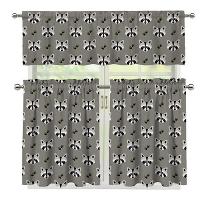 Grey Raccoon Pattern Print 3 Piece Kitchen Curtains