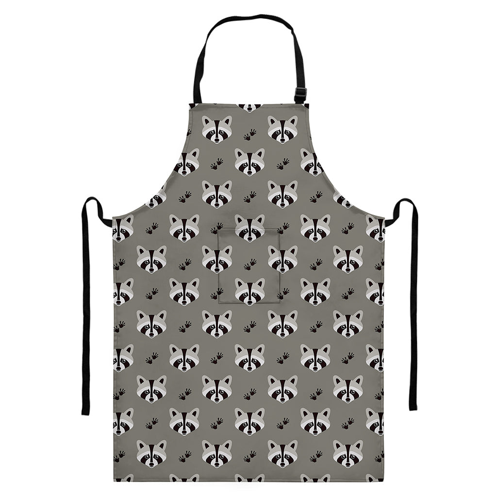 Grey Raccoon Pattern Print Bib Apron With Pocket