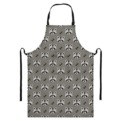Grey Raccoon Pattern Print Bib Apron With Pocket