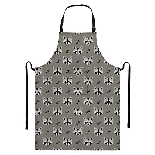 Grey Raccoon Pattern Print Bib Apron With Pocket