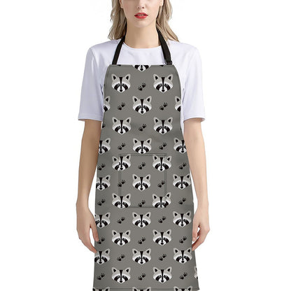 Grey Raccoon Pattern Print Bib Apron With Pocket