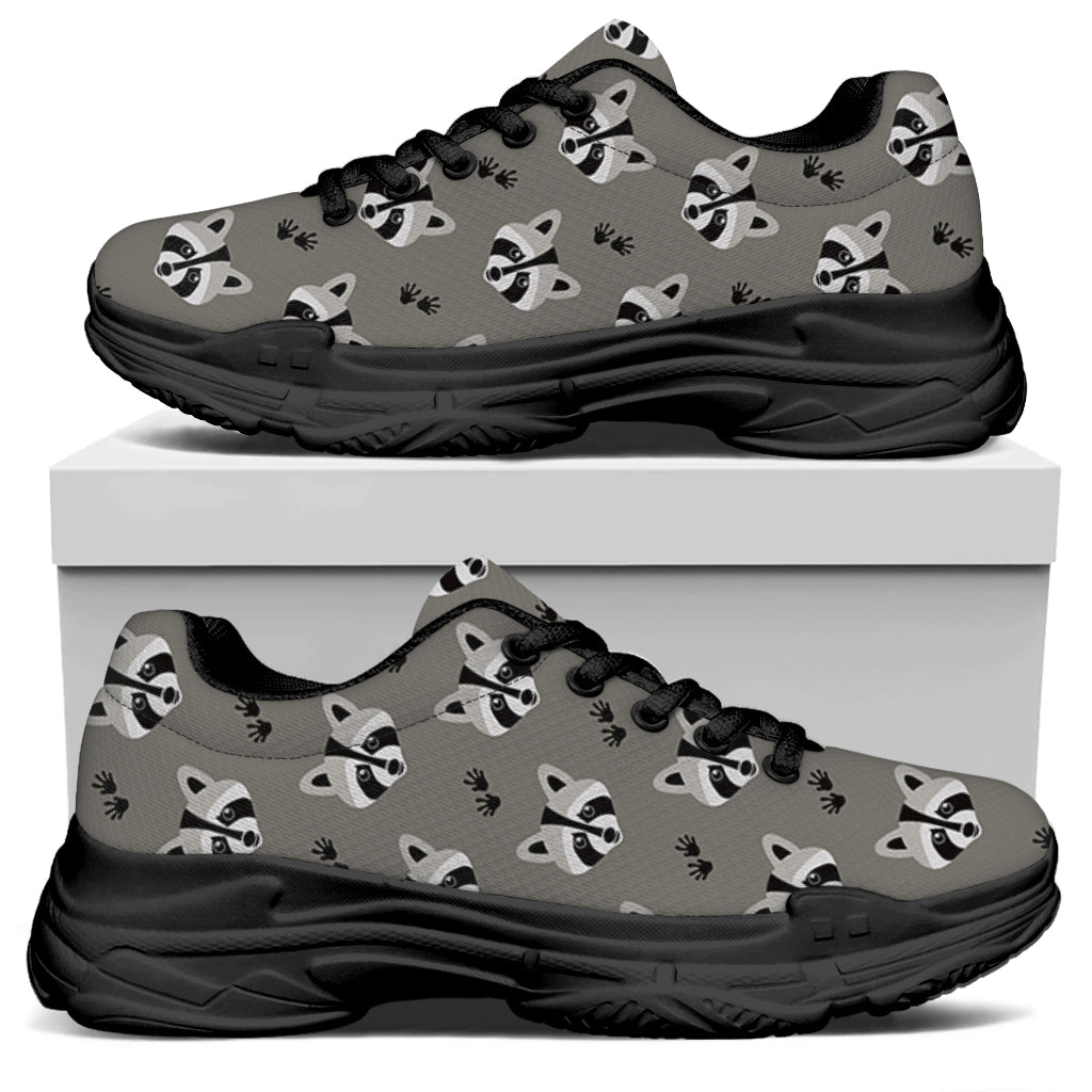 Grey Raccoon Pattern Print Black Chunky Shoes