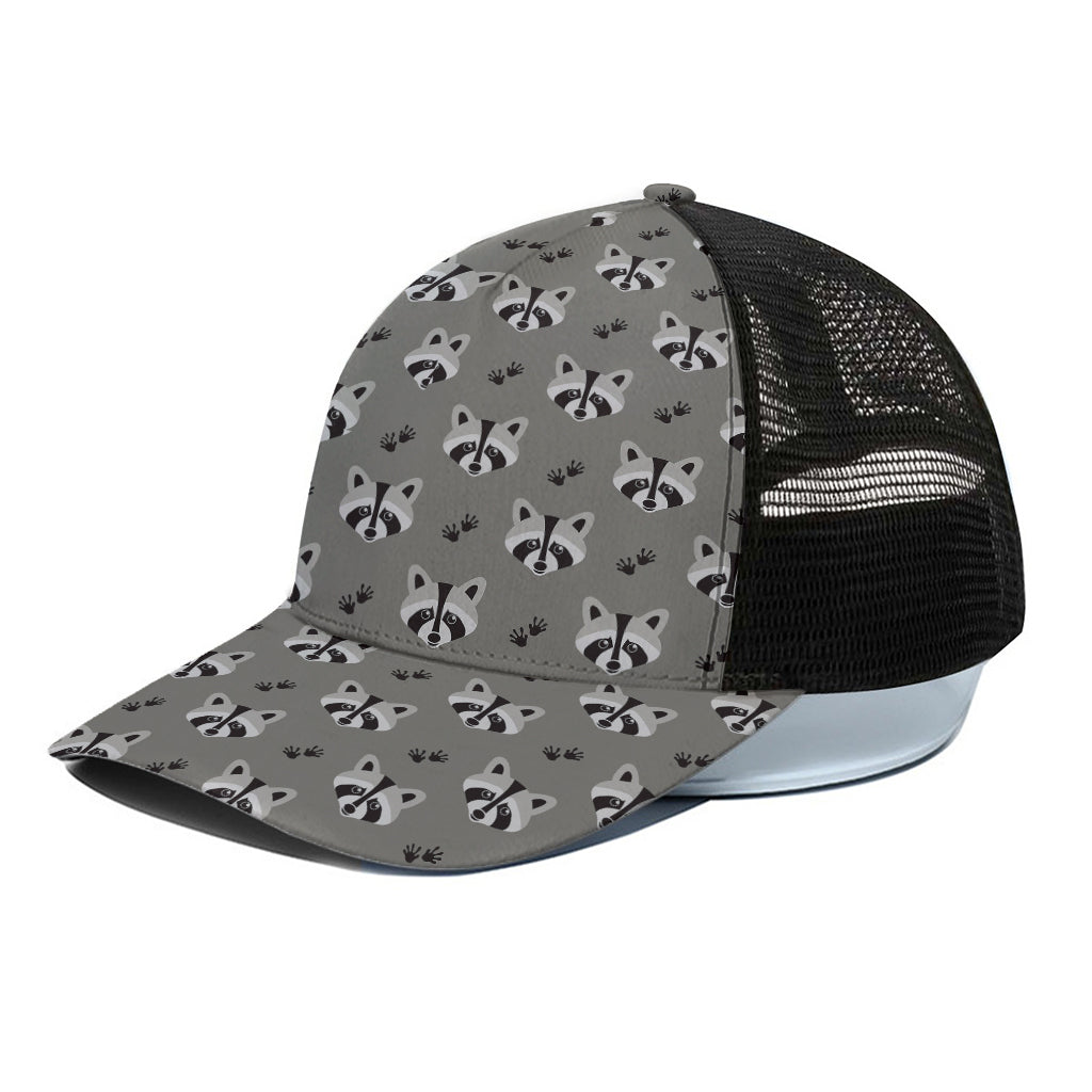 Grey Raccoon Pattern Print Black Mesh Trucker Cap