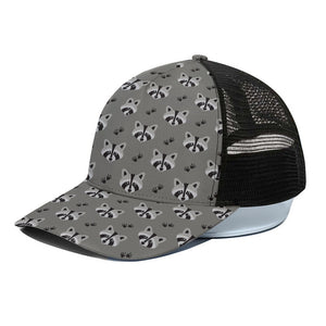 Grey Raccoon Pattern Print Black Mesh Trucker Cap