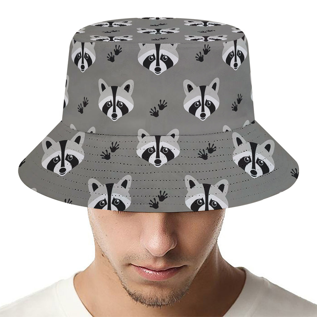 Grey Raccoon Pattern Print Bucket Hat