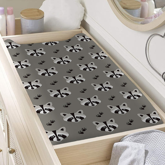 Grey Raccoon Pattern Print Changing Pad Cover