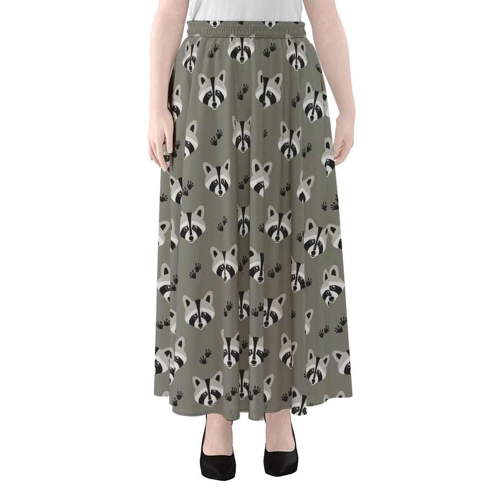 Grey Raccoon Pattern Print Chiffon Maxi Skirt