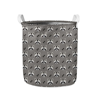 Grey Raccoon Pattern Print Collapsible Laundry Basket