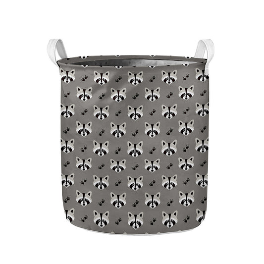 Grey Raccoon Pattern Print Collapsible Laundry Basket