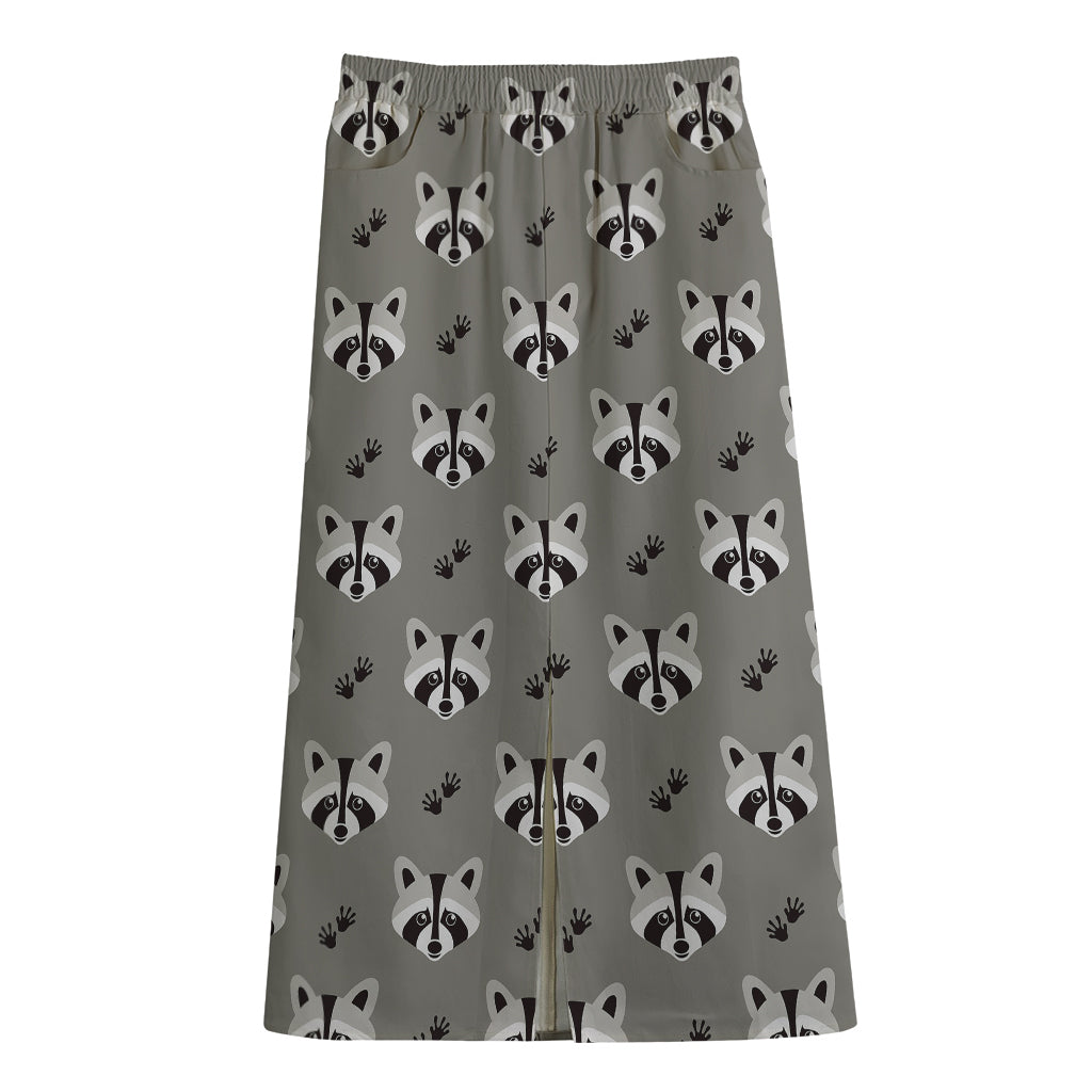 Grey Raccoon Pattern Print Cotton Front Slit Maxi Skirt