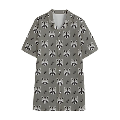 Grey Raccoon Pattern Print Cotton Hawaiian Shirt