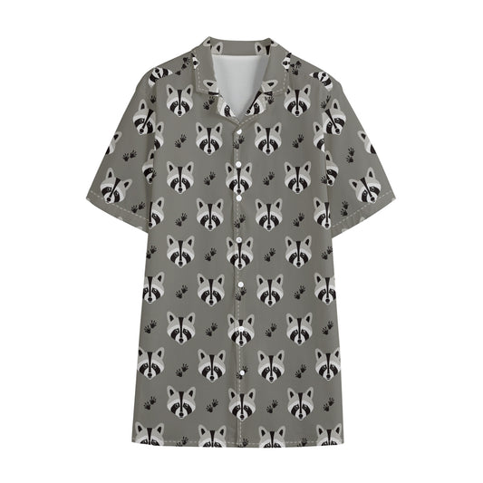 Grey Raccoon Pattern Print Cotton Hawaiian Shirt