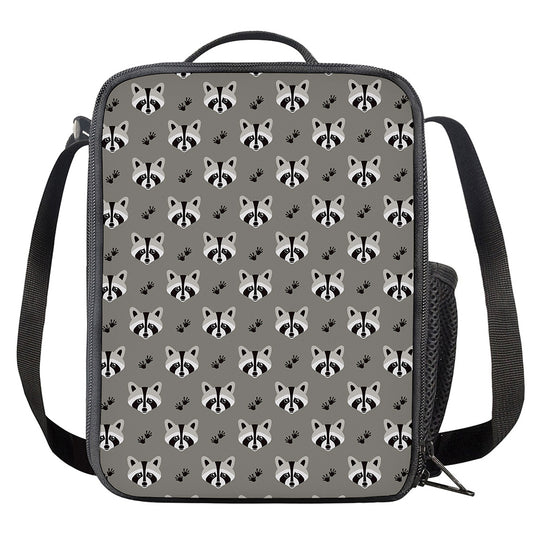 Grey Raccoon Pattern Print Crossbody Lunch Bag