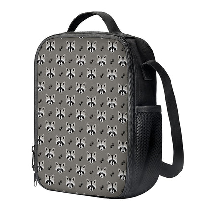 Grey Raccoon Pattern Print Crossbody Lunch Bag