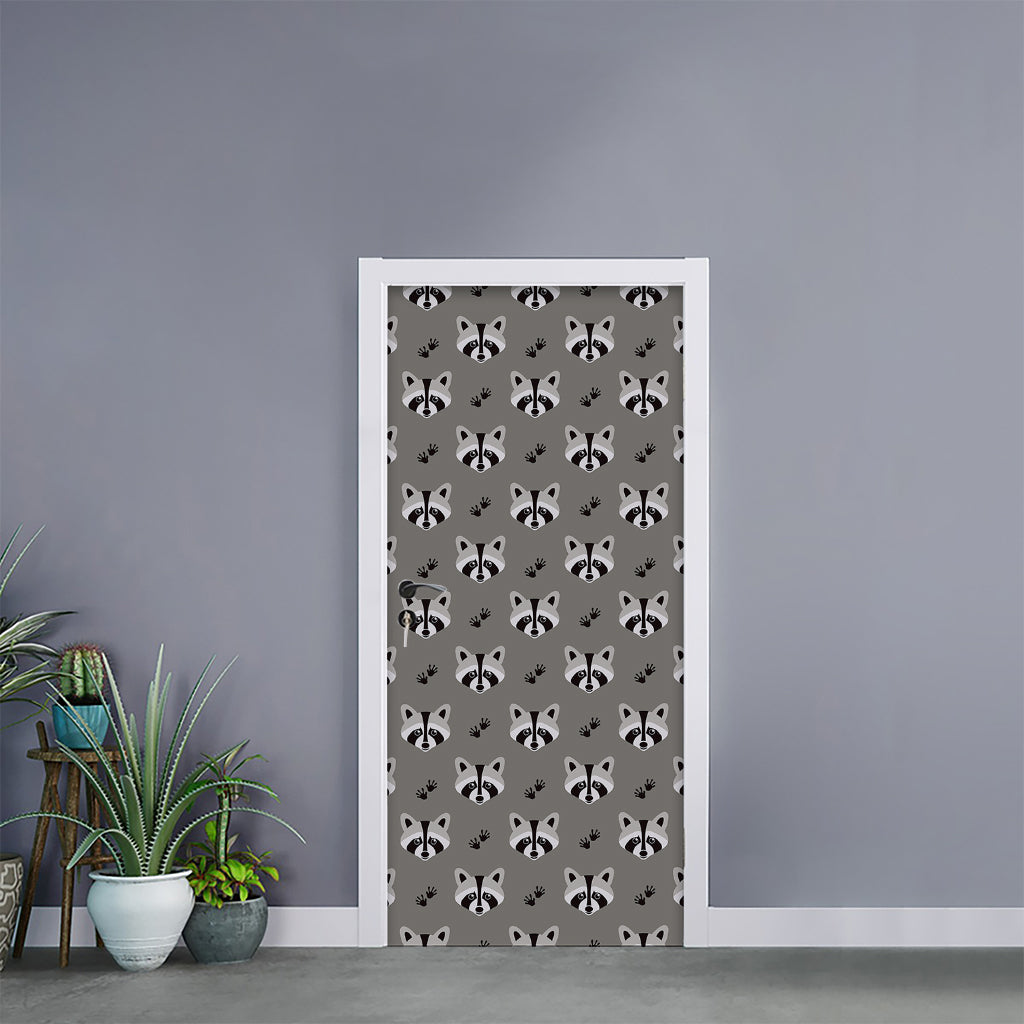 Grey Raccoon Pattern Print Door Sticker