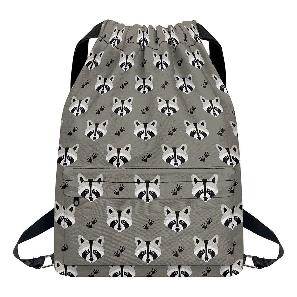 Grey Raccoon Pattern Print Drawstring Backpack