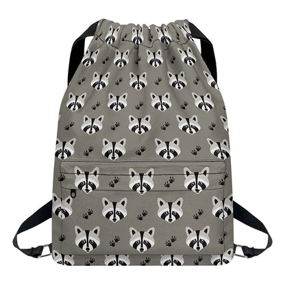 Grey Raccoon Pattern Print Drawstring Backpack