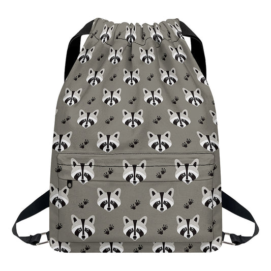 Grey Raccoon Pattern Print Drawstring Backpack
