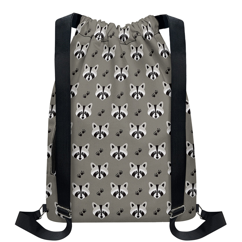 Grey Raccoon Pattern Print Drawstring Backpack