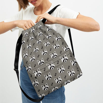 Grey Raccoon Pattern Print Drawstring Backpack