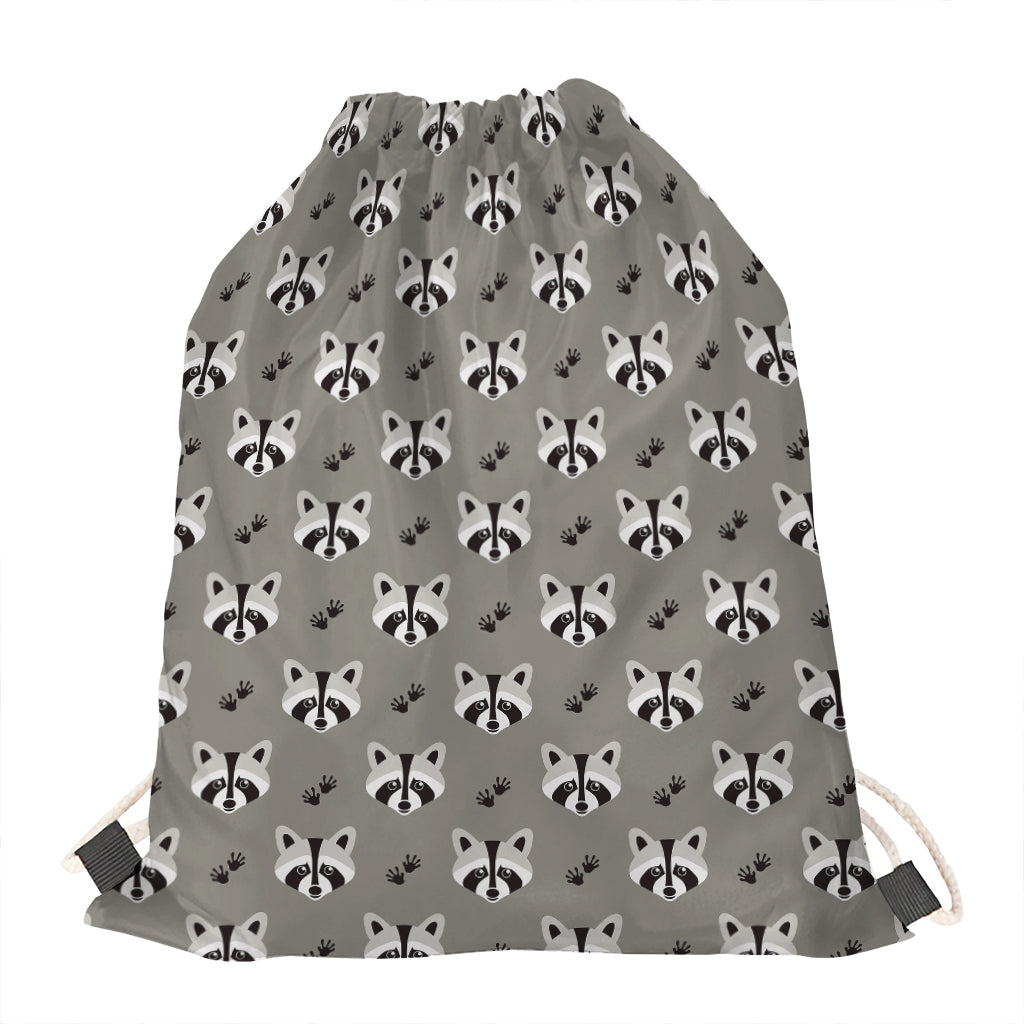 Grey Raccoon Pattern Print Drawstring Bag