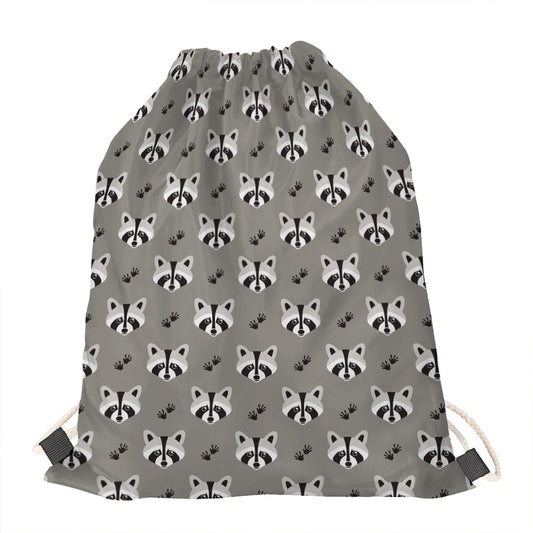 Grey Raccoon Pattern Print Drawstring Bag