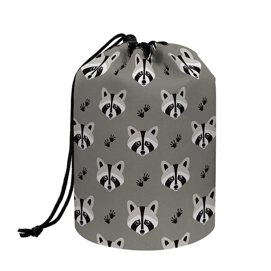 Grey Raccoon Pattern Print Drawstring Makeup Bag