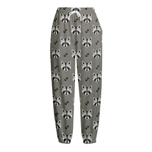 Grey Raccoon Pattern Print Fleece Lined Knit Pants